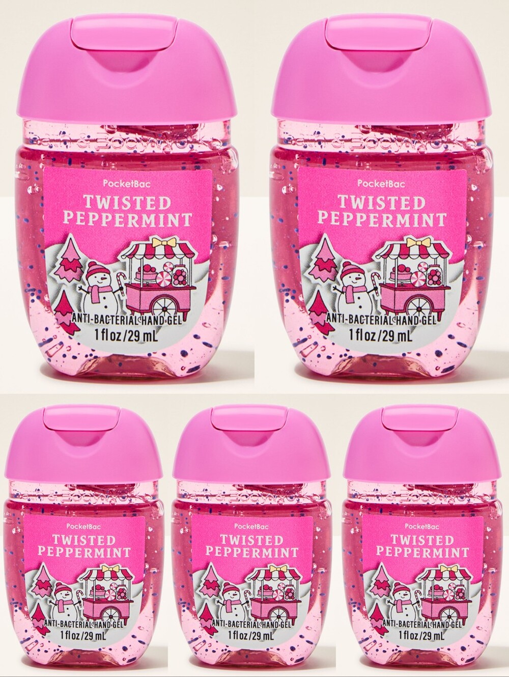 Bath & Body Works Twisted Peppermint Pink PocketBac Hand Gel (5-Pack) New RARE